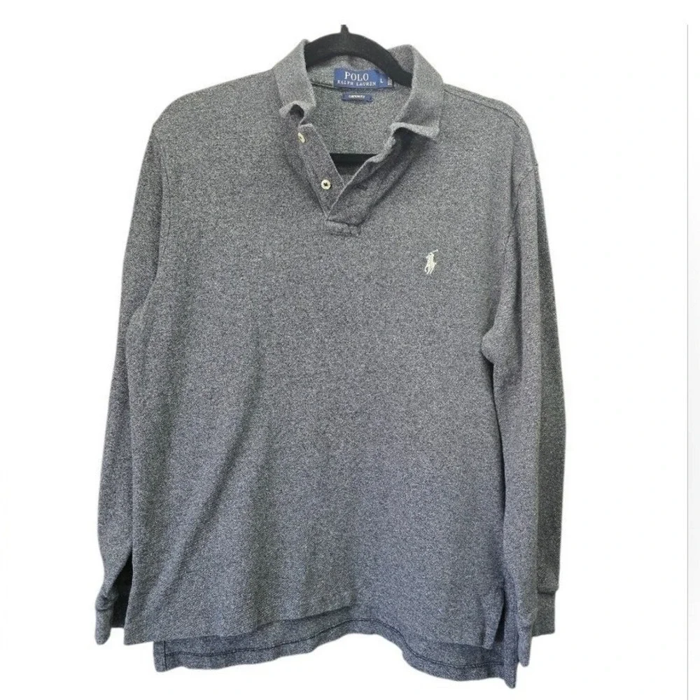 Polo Ralph Lauren Custom Fit L‎ Gray Long Sleeve polo Shirt Heathered Preppy
